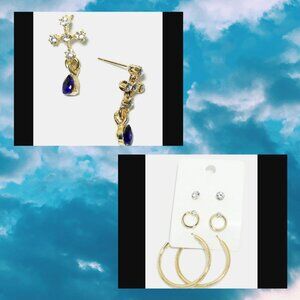 Bundle of Gold Earrings w/ Blue Rhinestone Cross